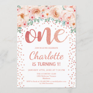 Invitation 1ère fête d'anniversaire - Rose blanche or