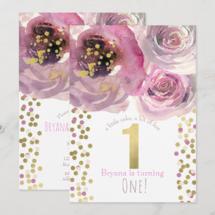 Invitation 1ère fête d'anniversaire rose et or floral moderne