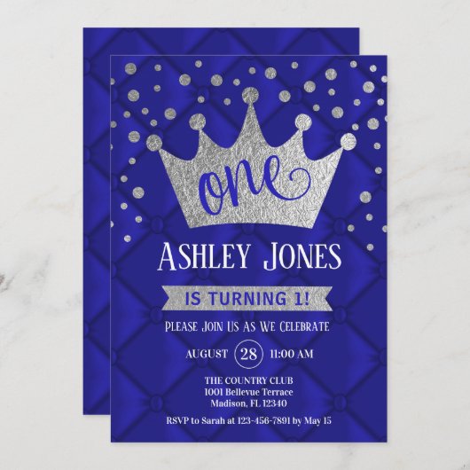 Invitation 1ère fête d'anniversaire - Royal Blue Silver (Devant / Derrière)