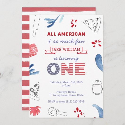 Invitation 1ère fête de pizza d'anniversaire pour garçon ou f (Devant / Derrière)