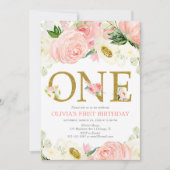 Invitation 1ère fille d'anniversaire, blush rose or floral él (Devant)