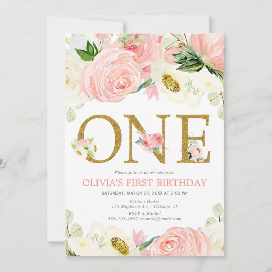 Invitation 1ère fille d'anniversaire, blush rose or floral él (Devant)