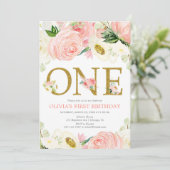 Invitation 1ère fille d'anniversaire, blush rose or floral él (Debout devant)