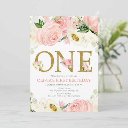 Invitation 1ère fille d'anniversaire, blush rose or floral él (Debout devant)