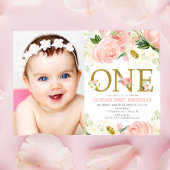 Invitation 1ère fille d'anniversaire, blush rose or floral ph