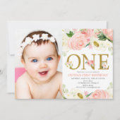 Invitation 1ère fille d'anniversaire, blush rose or floral ph (Devant)