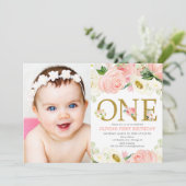 Invitation 1ère fille d'anniversaire, blush rose or floral ph (Debout devant)