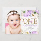Invitation 1ère fille d'anniversaire, photo florale d'or viol (Devant)