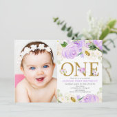 Invitation 1ère fille d'anniversaire, photo florale d'or viol (Debout devant)