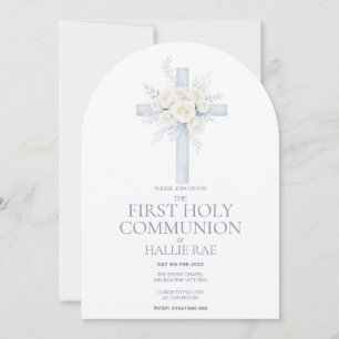 Invitation 1ère Première Communion, Croix Florale Bleue Arqué