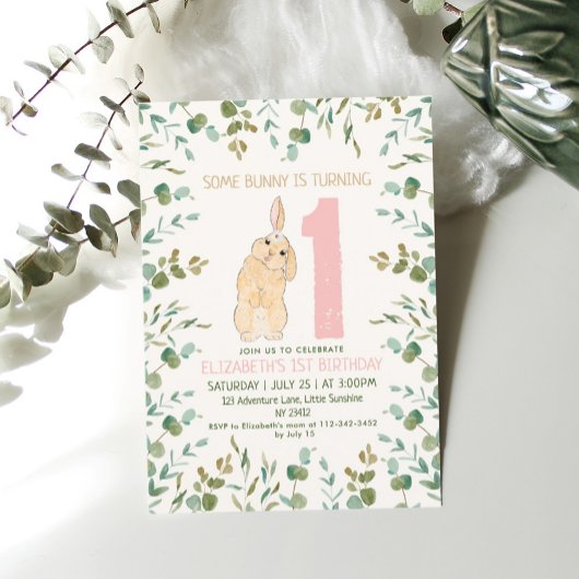 Invitation 1re Anniversaire Bunny Aquarelle Eucalyptus rose