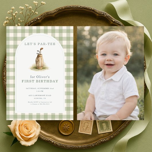 Invitation 1st Birthday Golf Par-Tee Gingham Photo