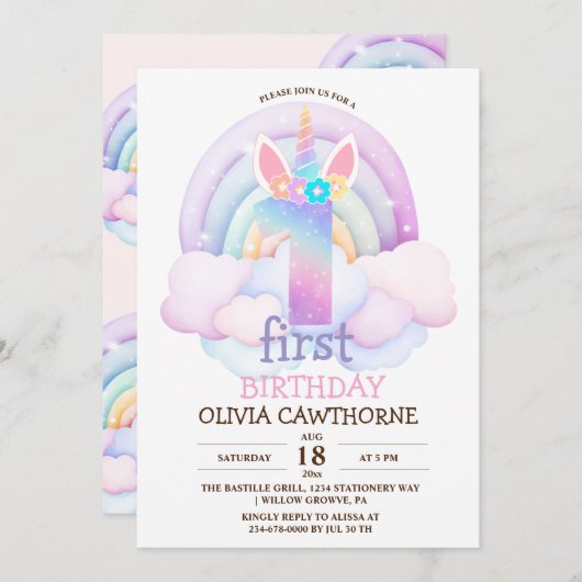 Invitation 1st Birthday Party Rainbow Unicorn (Devant / Derrière)