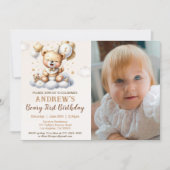 Invitation 1st Birthday Teddy Bear with Brown Balloons (Devant)