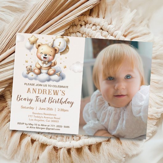 Invitation 1st Birthday Teddy Bear with Brown Balloons
