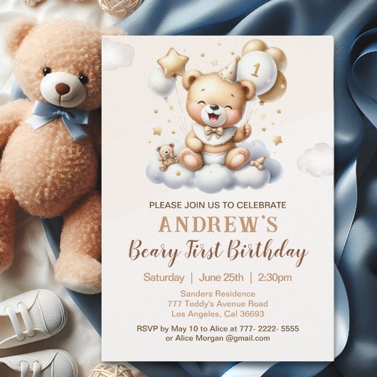 Invitation 1st Birthday Teddy Bear with Brown Balloons