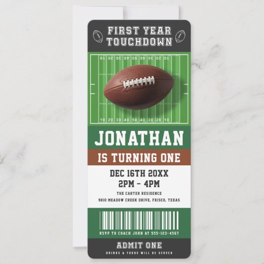 Invitation 1st Year Touchdown Football Birthday Party Ticket (Devant)