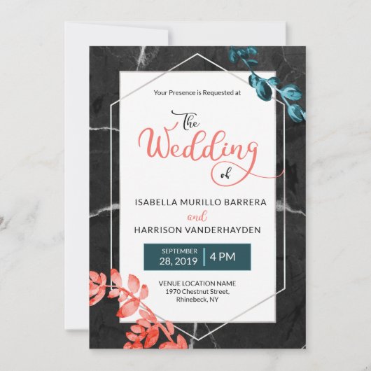 Invitation 2019 Corail Turquoise Botanique Noir Mariage (Devant)