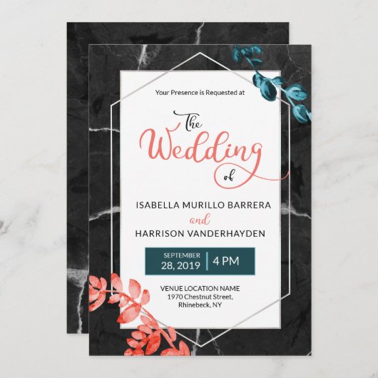 Invitation 2019 Corail Turquoise Botanique Noir Mariage (Devant / Derrière)