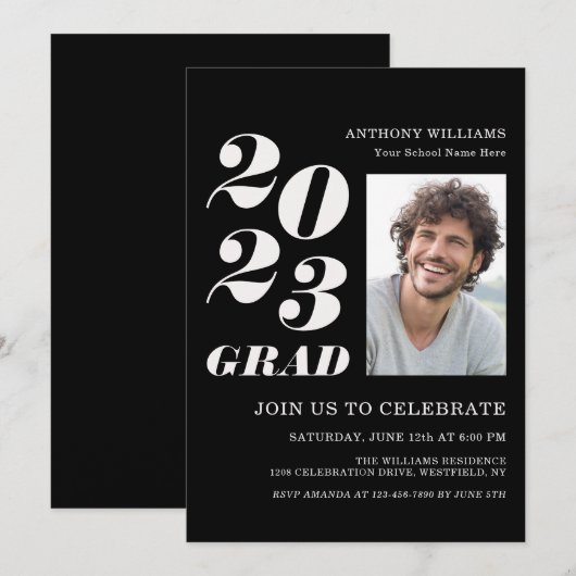 Invitation 2021 Grad Party Bold Texte sur noir avec votre pho (Devant / Derrière)
