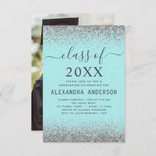 Invitation 2022 Photo Graduation Turquoise Aqua Blue Silver I