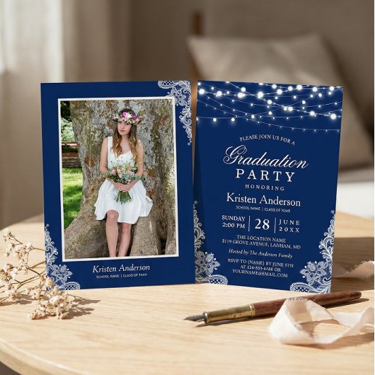 Invitation 2023 Graduation Party String Lights Marine Blue