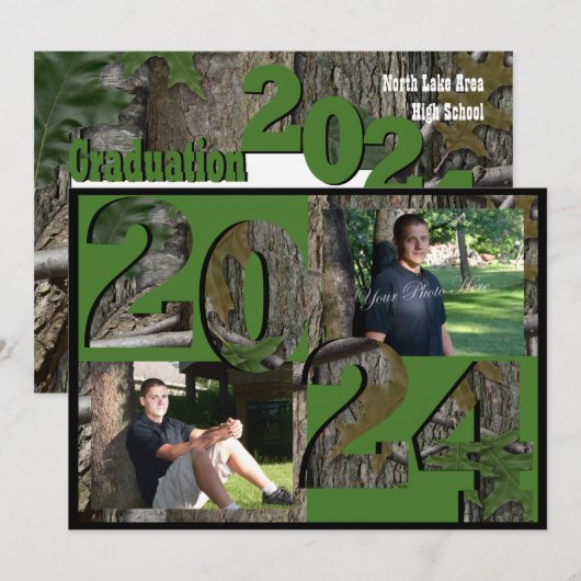 Invitation 2024 Arbre Camo Graduation Twin Photo Hunter Green (Devant / Derrière)