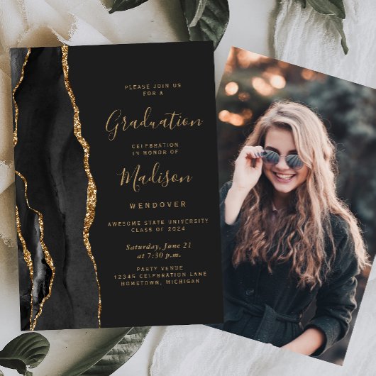 Invitation 2024 Black Gold Agate Photo Dark Graduation
