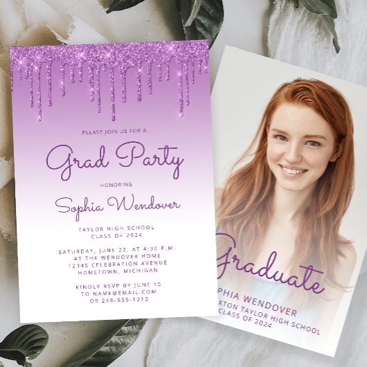 Invitation 2024 Glam Purple Parties scintillant Drip Photo Gr