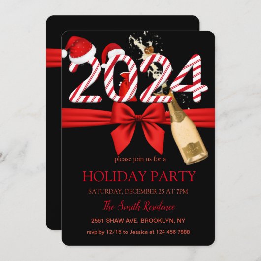 Invitation 2024 Santa Claus, Champagne Elegant Chic (Devant / Derrière)