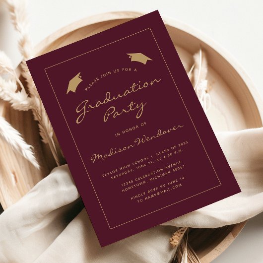 Invitation 2025 Classic Bourgogne Gold Border Graduation Part