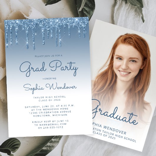 Invitation 2025 Glam Blue Parties scintillant Drip Photo Grad