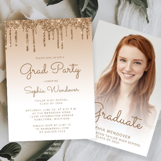 Invitation 2025 Glam Gold Parties scintillant Drip Photo Grad