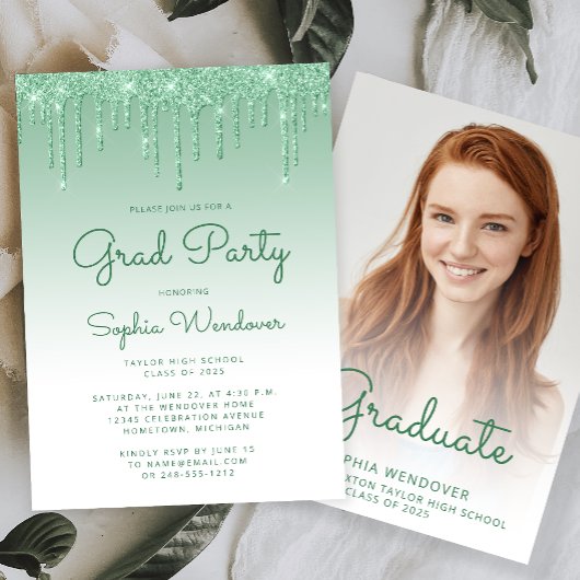 Invitation 2025 Glam Green Parties scintillant Drip Photo Gra