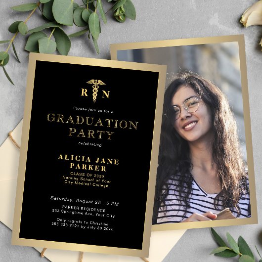 Invitation 2025 Gold Black RN infirmière fête de graduation