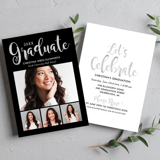 Invitation 2025 Graduate Silver Script Photo Collage Party