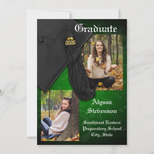 Invitation 2025 Green Black Tassel Charm College Graduation (Devant)