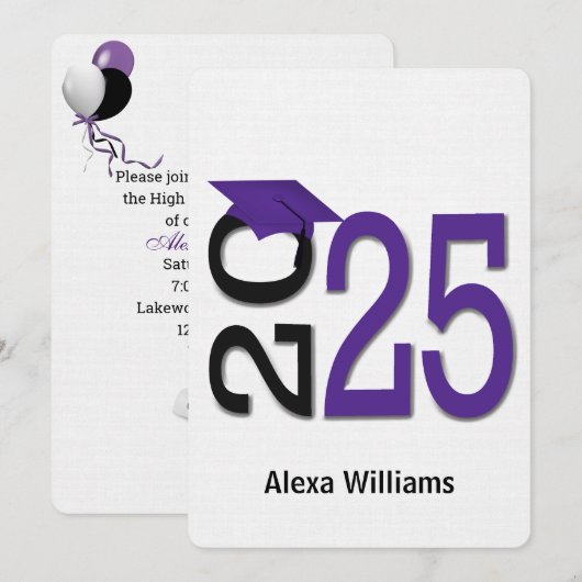 Invitation 2025 Purple and Black Graduation Party (Devant / Derrière)