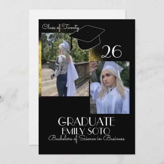 Invitation 2026 Graduation Collage Script Gold Black (Devant / Derrière)