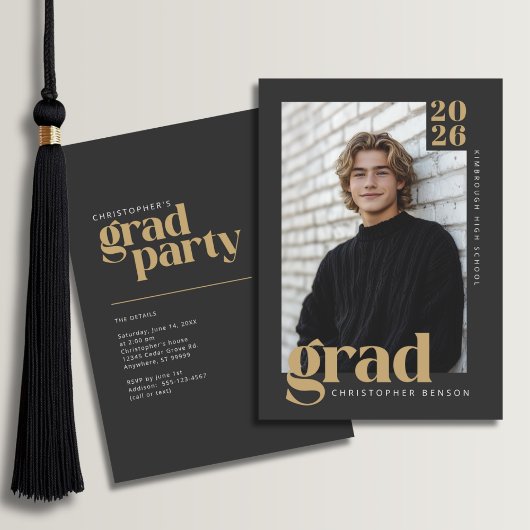 Invitation 2026 Modern Charcoal Gold Graduation Party