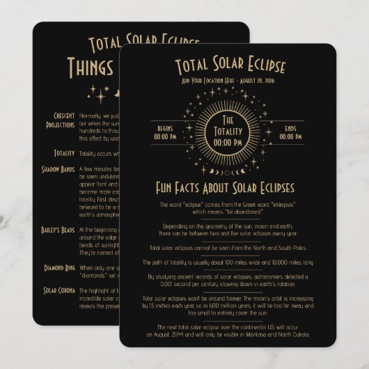 Invitation 2026 Solar Eclipse Celestial Stars Black Fun Facts (Devant / Derrière)
