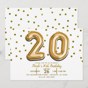 Invitation 20 Ballons Dorés et Confettis Fête d'anniversaire