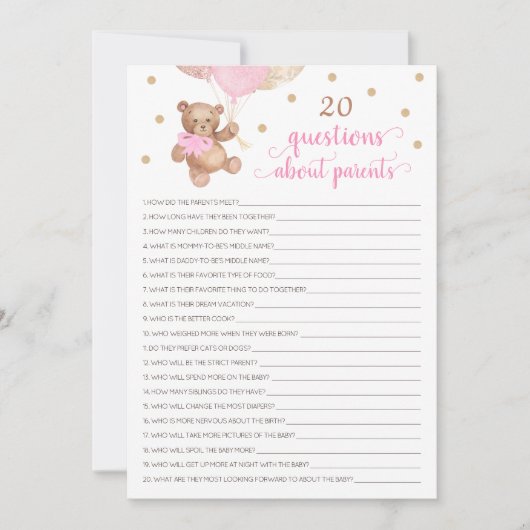Invitation 20 Questions sur les parents Teddy Bear Card (Devant)