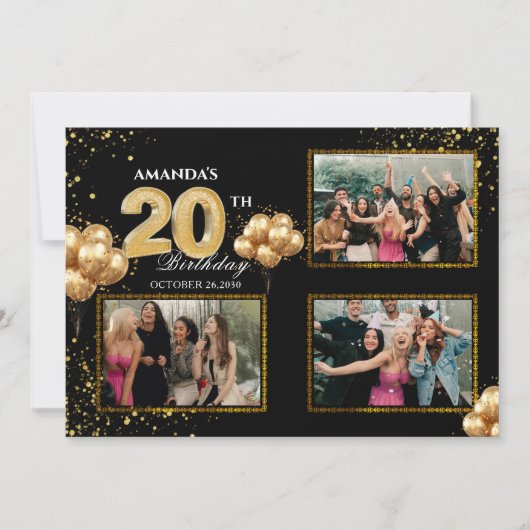 Invitation 20 th Birthday Gold Silver Black Balloons (Devant)