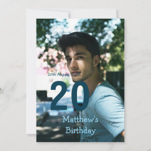 Invitation 20e anniversaire ajouter nom photo date homme bleu