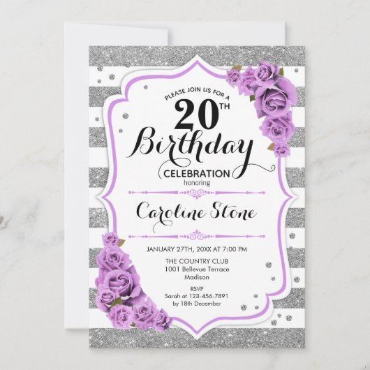 Invitation 20e anniversaire - Argent blanc rayures Roses viol (Devant)