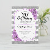Invitation 20e anniversaire - Argent blanc rayures Roses viol (Debout devant)