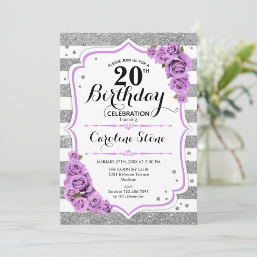 Invitation 20e anniversaire - Argent blanc rayures Roses viol (Debout devant)