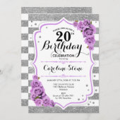 Invitation 20e anniversaire - Argent blanc rayures Roses viol (Devant / Derrière)