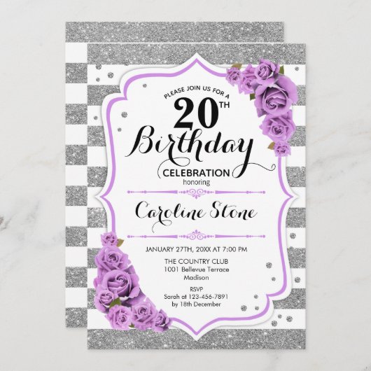 Invitation 20e anniversaire - Argent blanc rayures Roses viol (Devant / Derrière)